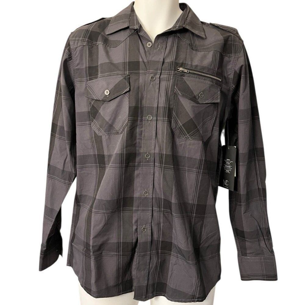 Modern Culture Mens Small Gray Black Plaid Long Sleeve Button Down Shirt NWT